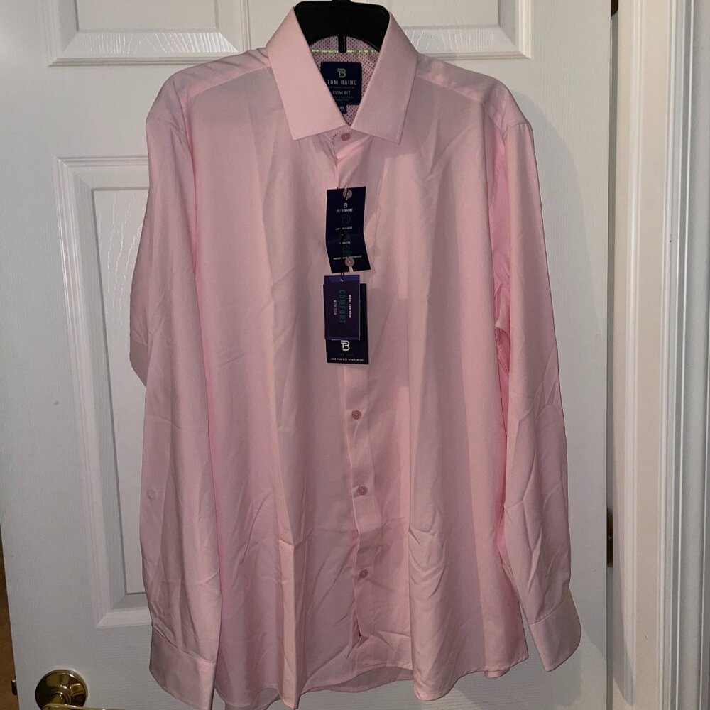 NWT Tom Baine Men's XXL Pink Slim 4-Way Stretch Performance Dress Shirt 18-18.5